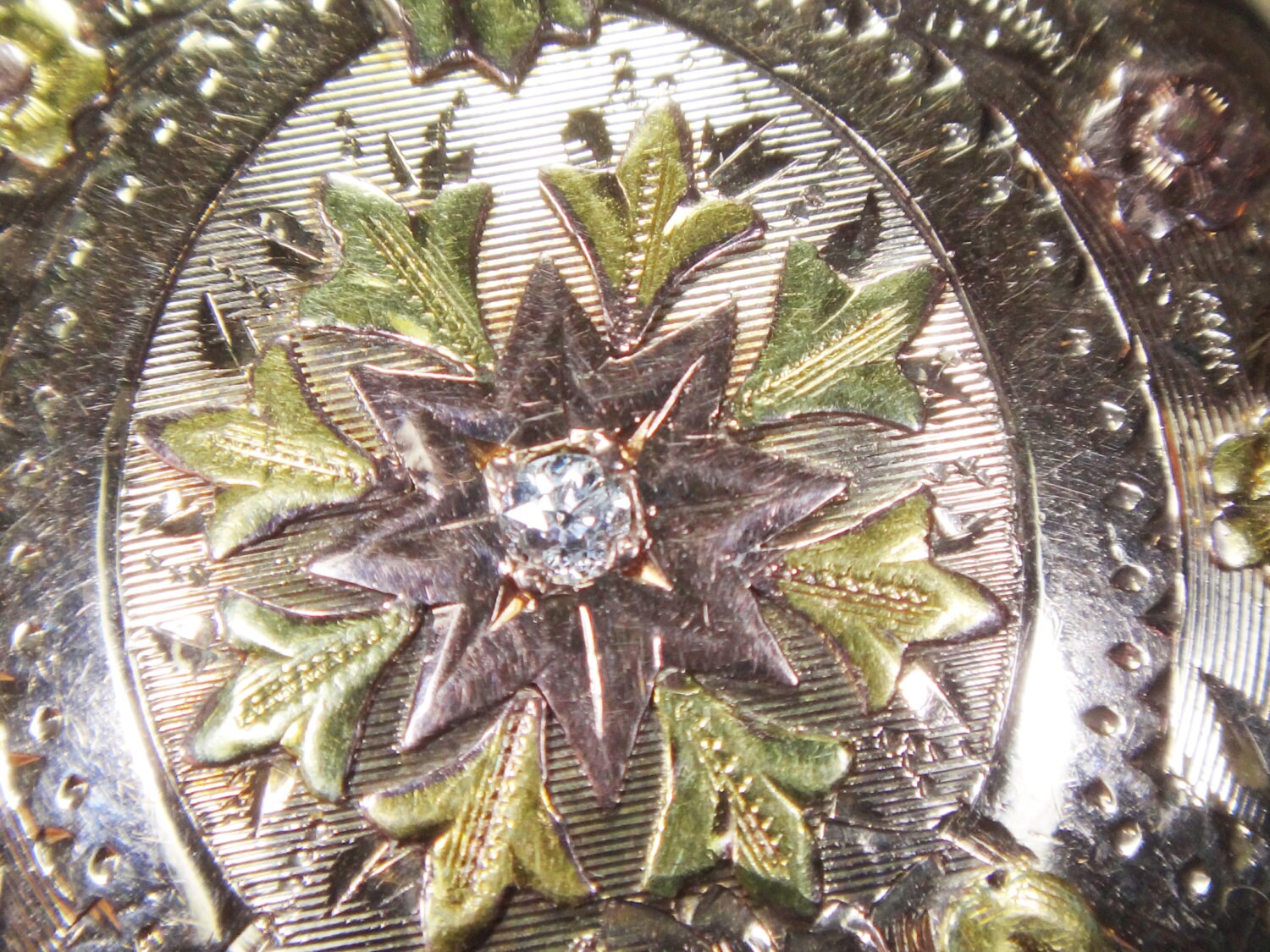 Antique 14k Tri-Color Gold Diamond Pin: Floral Engraved Pocket Watch Cover