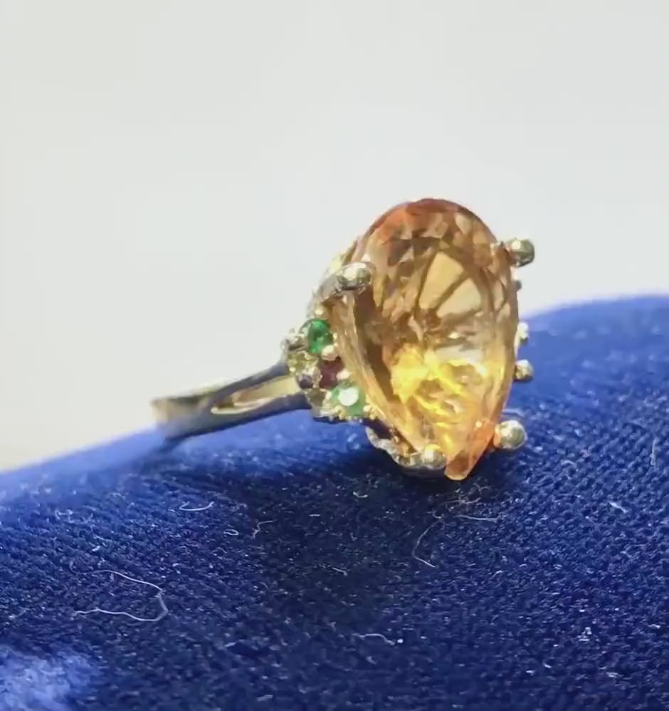 Vintage 14k Yellow Gold Citrine Ring with Emeralds and Rubies, Size 8.25