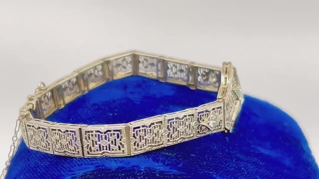 Vintage Art Deco 14k White Gold and Platinum Diamond and Green Glass Star Bracelet