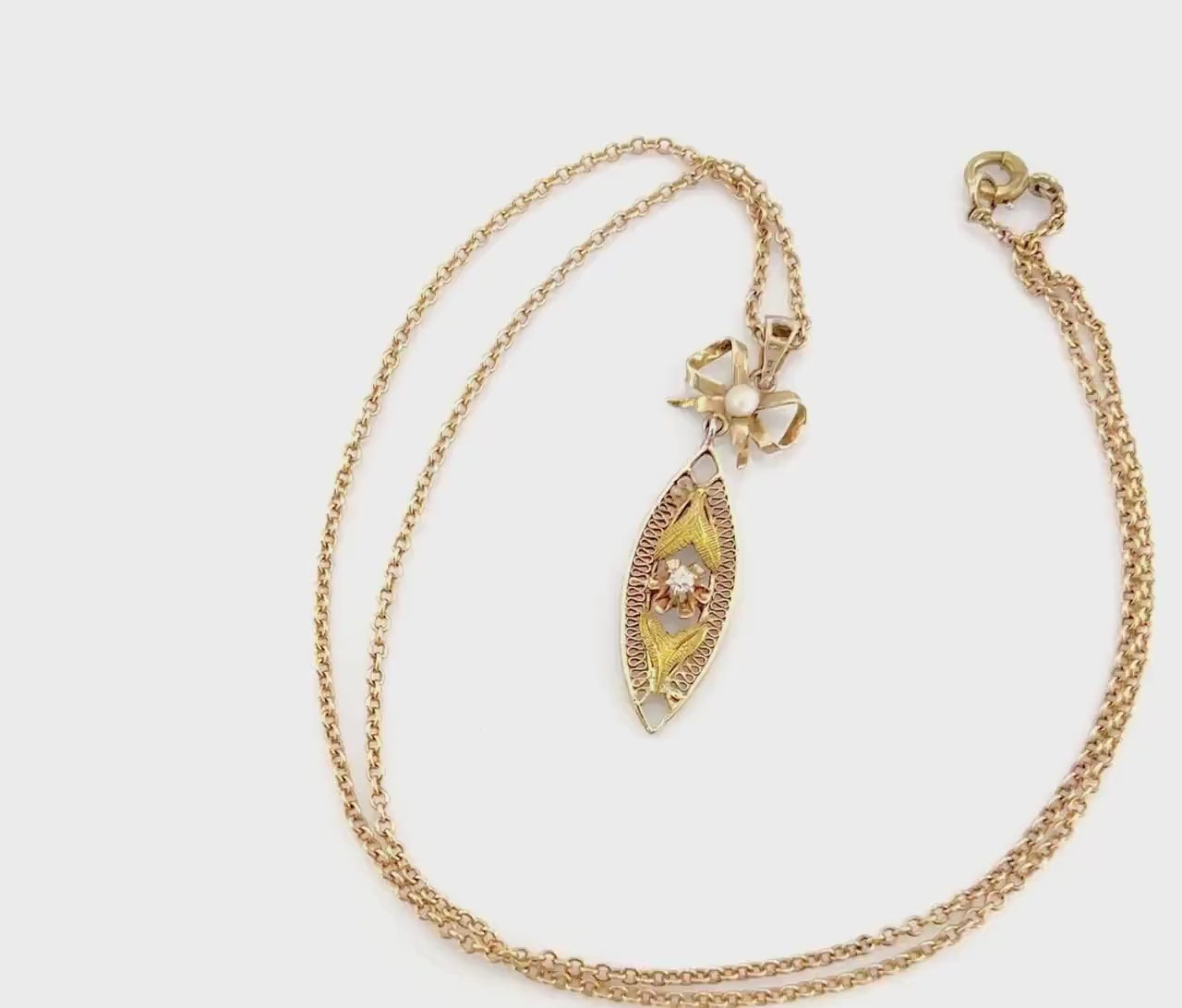 Vintage 14k Gold Diamond Filigree Pendant Necklace: Art Nouveau Bow, 18" Chain