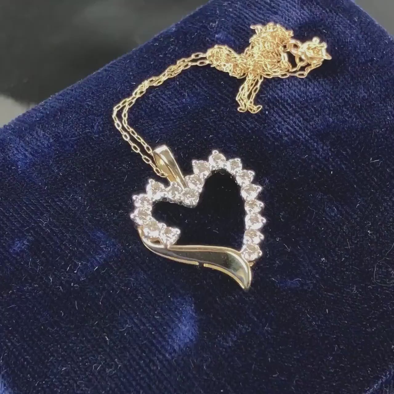 Vintage Solid Yellow Gold Diamond Open Heart Pendant Necklace 1.0 CT TDW 20"