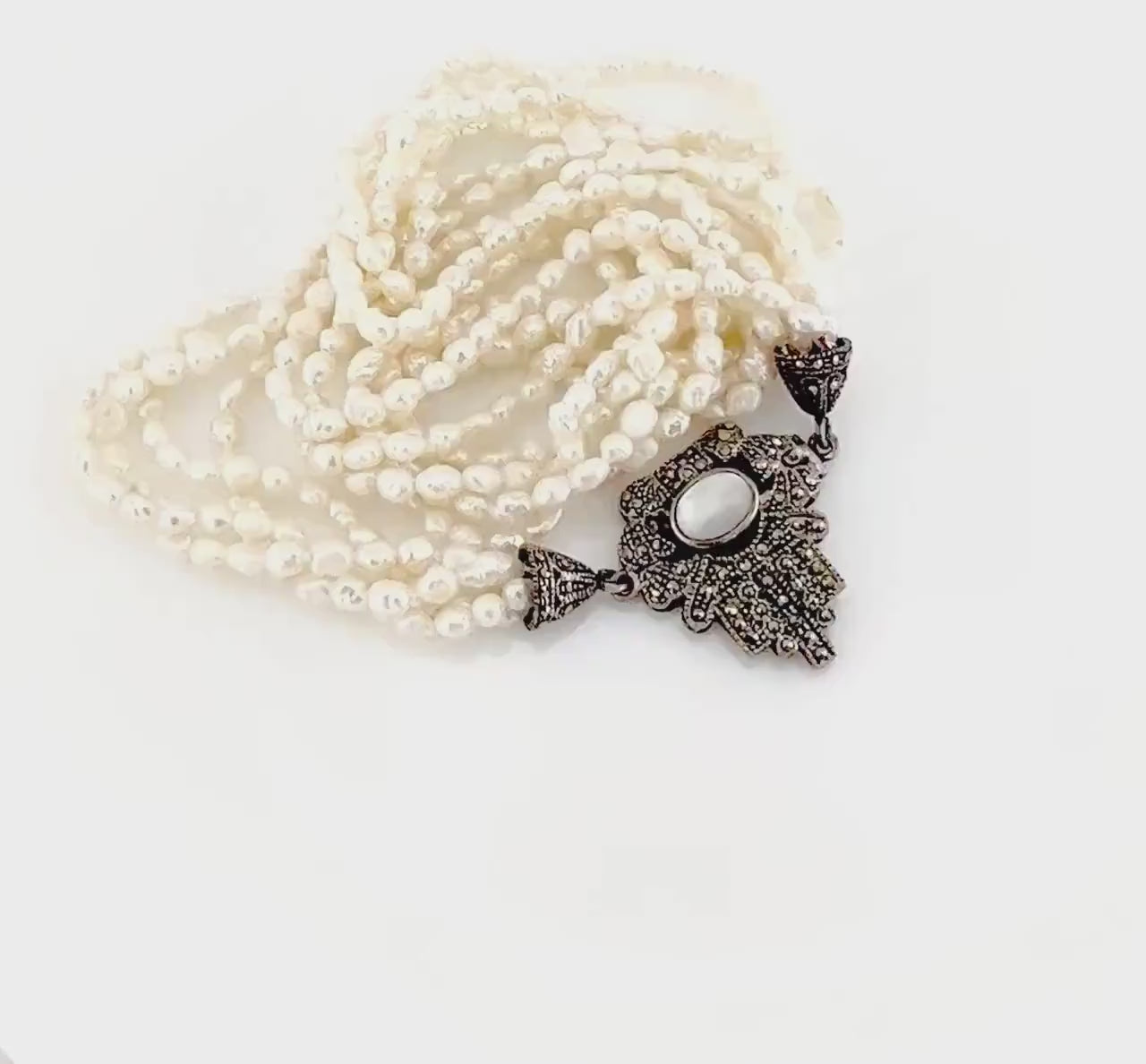 Vintage Sterling Silver Multi-Strand Freshwater Pearl Marcasite & Mother of Pearl Necklace 19"