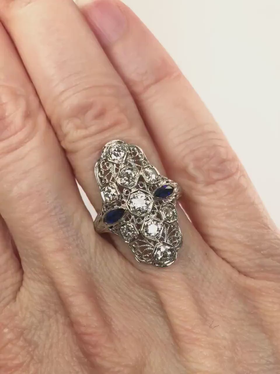 Art Deco Diamond Ring: 18k White Gold Filigree, Sapphire Accents