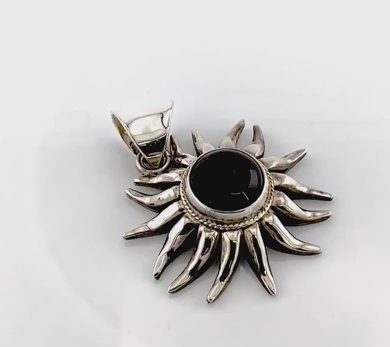 Vintage Large Sterling Silver Black Onyx Sun Pendant Made in Mexico