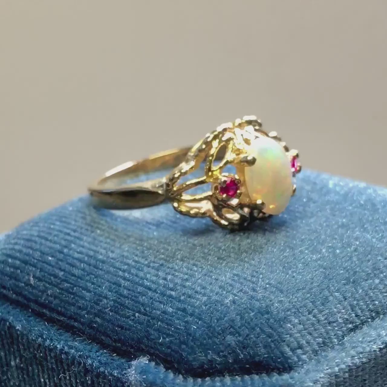 Vintage 14k Yellow Gold Genuine Opal Ring with Rubies October Birthstone Size 6.25