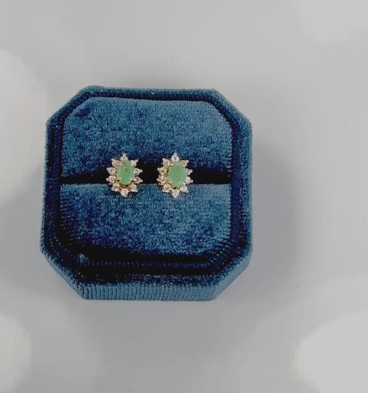 Vintage Yellow Gold Natural Emerald and CZ Halo Earrings, Green Stone Stud Earrings