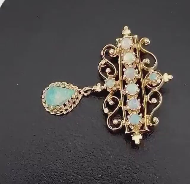 Vintage 14k Yellow Gold Opal Pendant Pin: Australian Opal October Birthstone