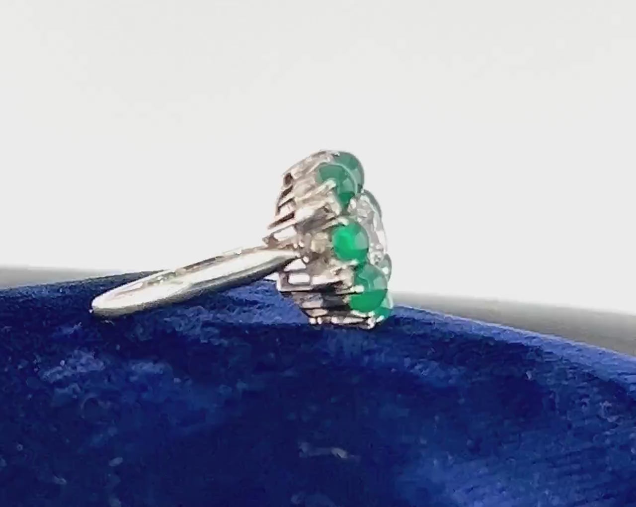 Vintage Sterling Silver Green Glass Ring: White Sapphire Center, Size 6.75