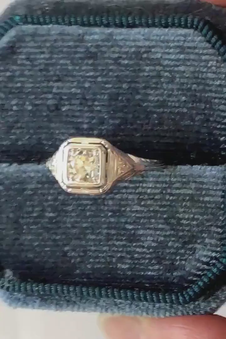 Art Deco Diamond Engagement Ring: 18k White Gold Filigree, Old Mine Cut