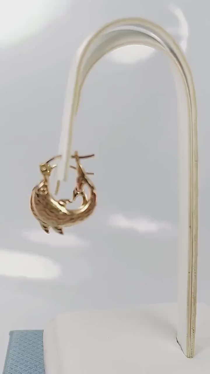 Dolphin Hoop Earrings - Vintage Hammered 10k Yellow Gold - Fine Jewelry