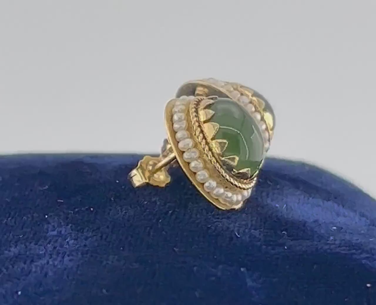 Vintage 14k Gold Chrysoprase Stud Earrings with Seed Pearl Halo