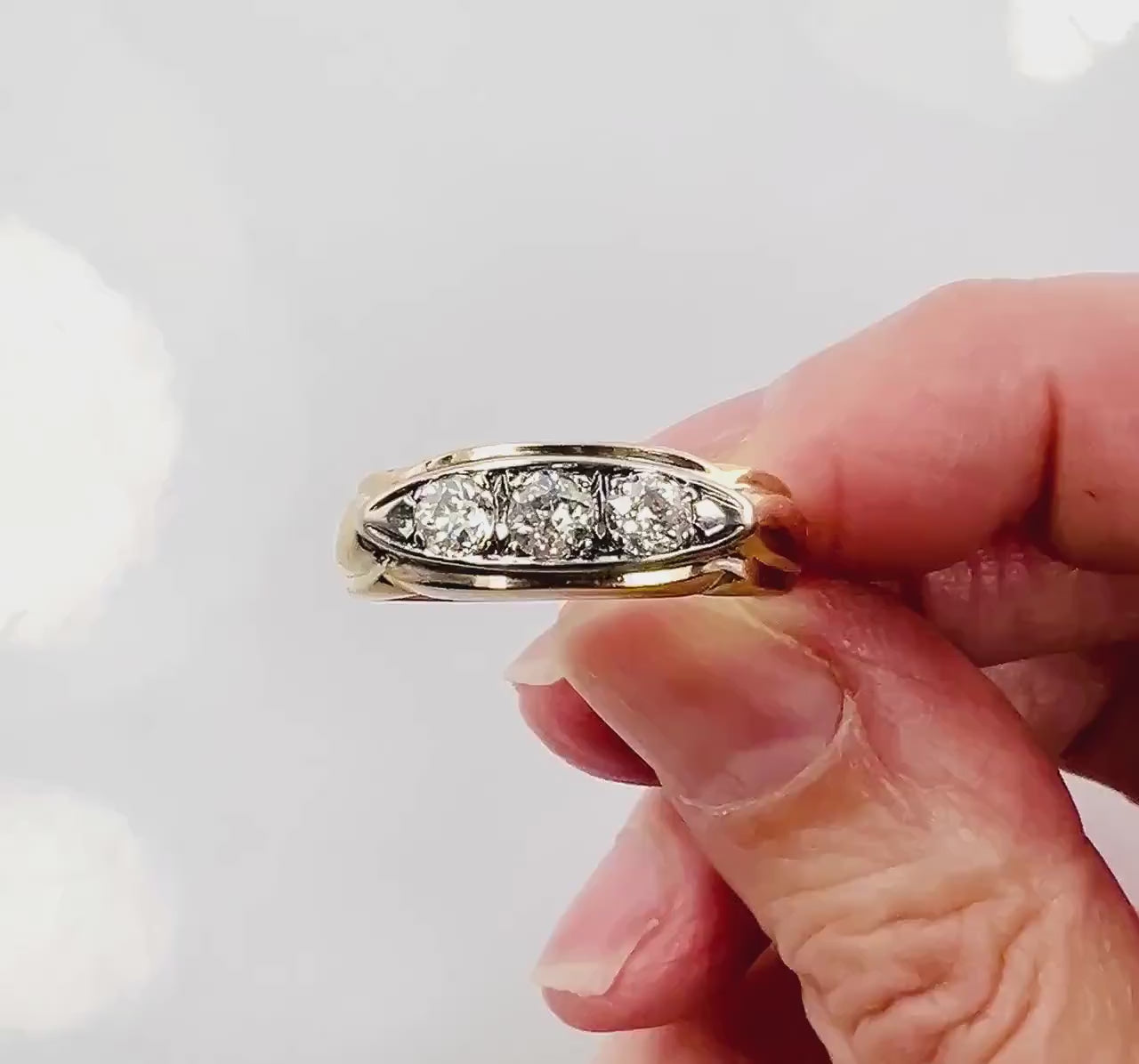 Vintage Art Deco 14k Gold Diamond Ring: Three Old Mine Cuts, 1930s, Size 8.75