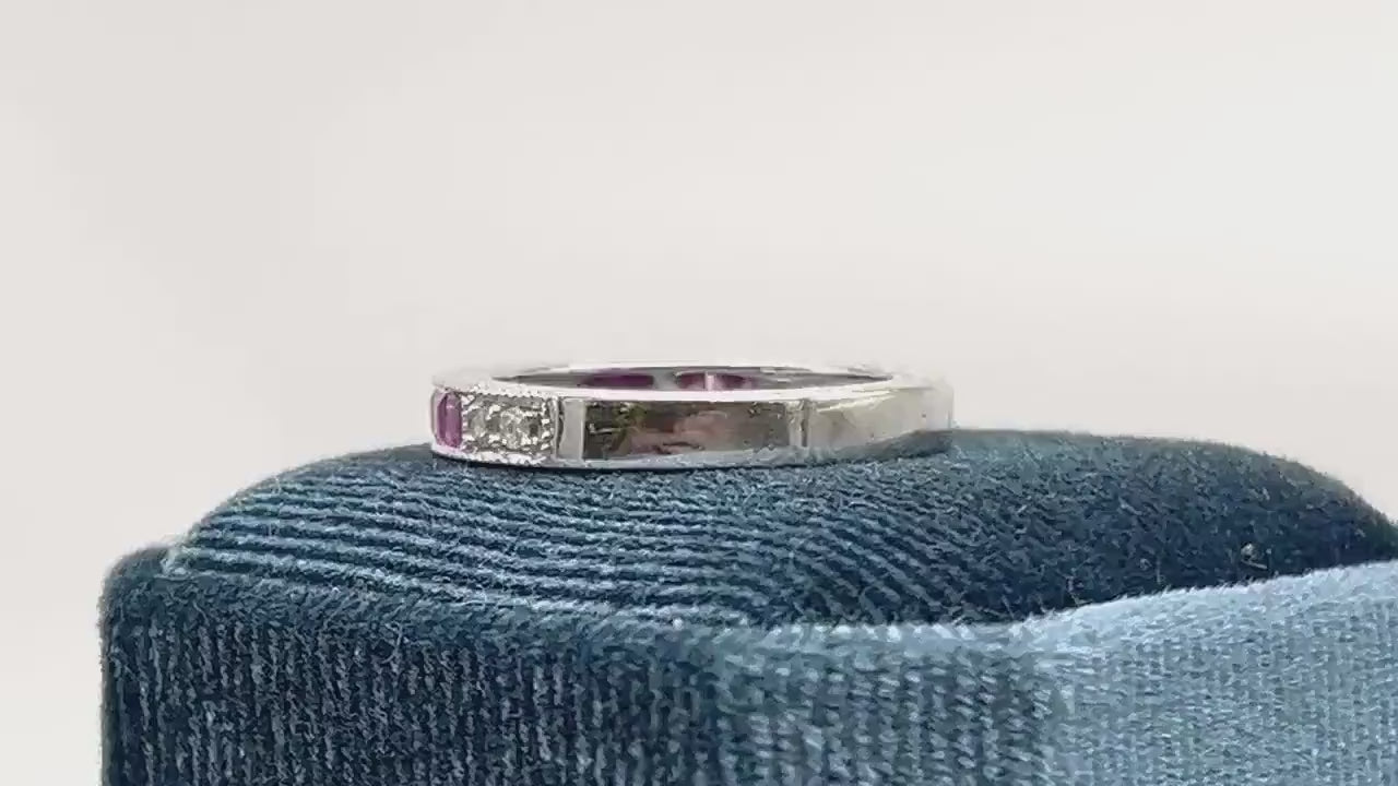 Vintage 14k White Gold Diamond Ruby Ring: Art Deco Style Stacking Band (Size 6.5)