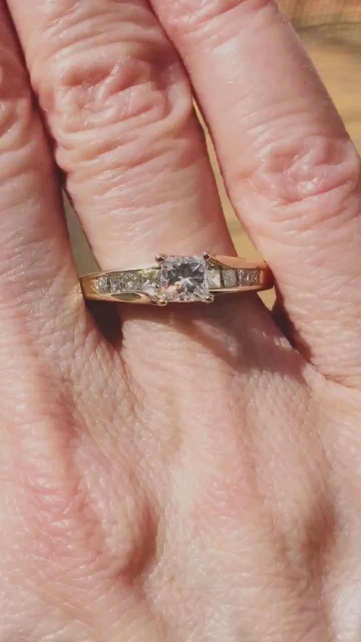 14k Yellow Gold Princess Cut Diamond Engagement Ring, Size 8