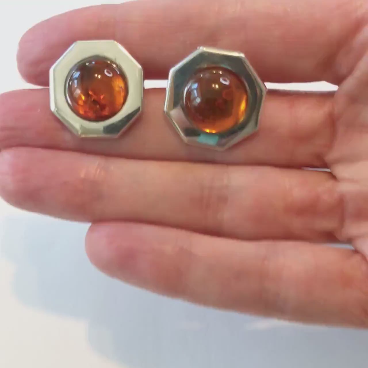 Vintage Sterling Silver Octagon Shaped Amber Stud Earrings - 925 Studs