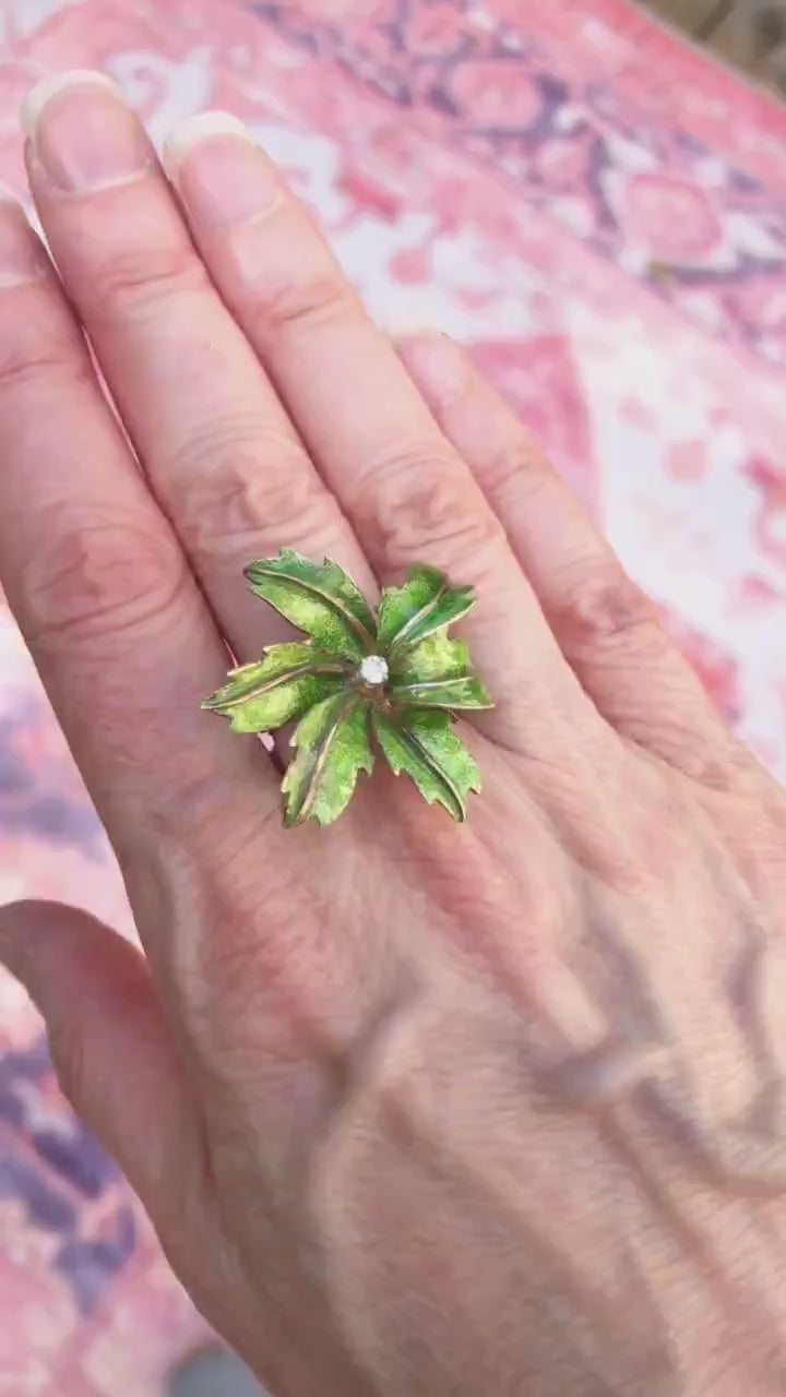 Vintage Large 14k Gold Green Enamel Floral Leaf Diamond Cocktail Ring Size 6.25