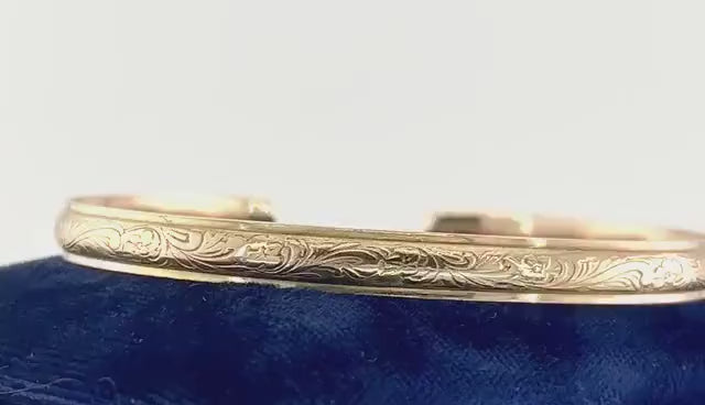 Vintage 10k Solid Yellow Gold Floral Cuff Bangle Bracelet