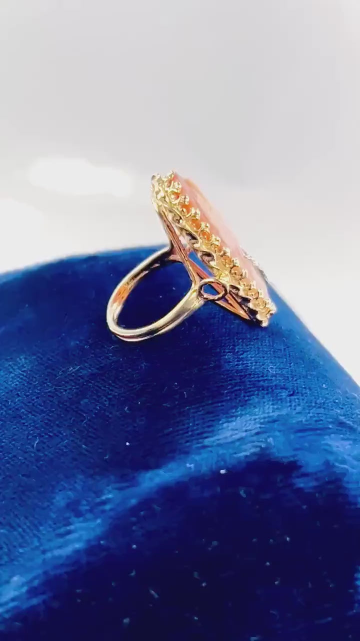 Vintage 14k Yellow Gold Cameo Ring with Diamond Necklace, Size 6.75