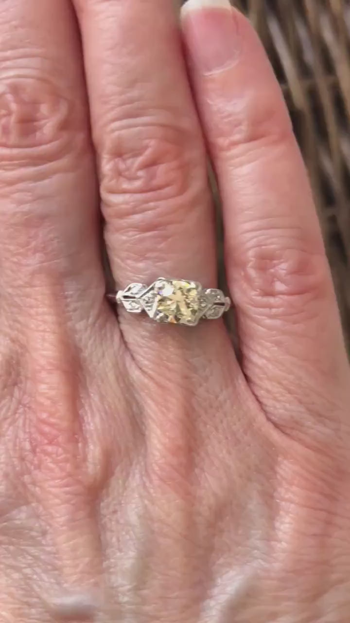 Vintage Diamond Engagement Ring Art Deco Diamond Engagement Ring Light Brown Old European GIA Certified Diamond Platinum Engagement Ring