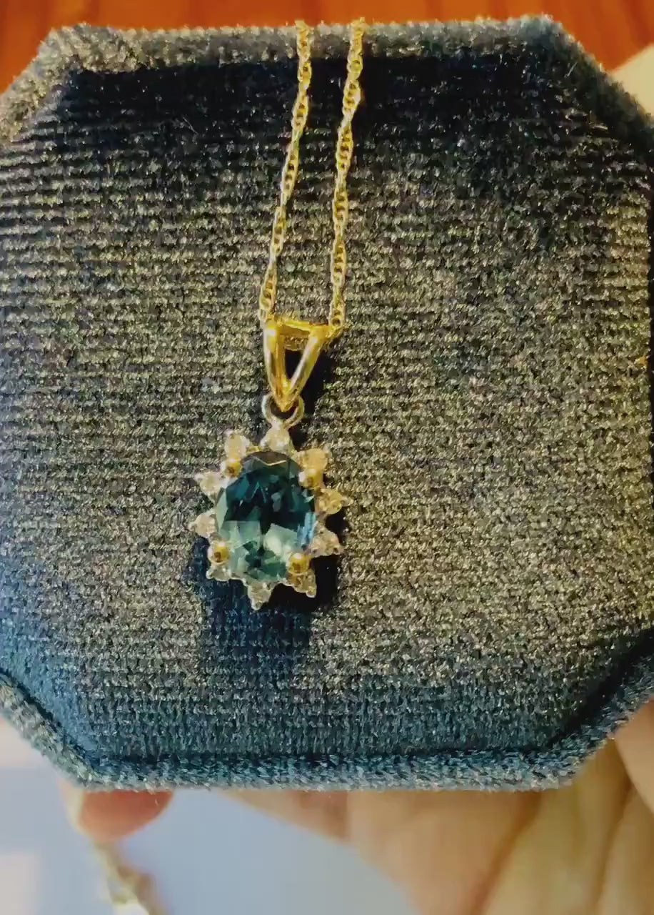 Vintage 14k  Blue Topaz and Diamond Necklace, Oval Cut Topaz Pendant, December Birthstone
