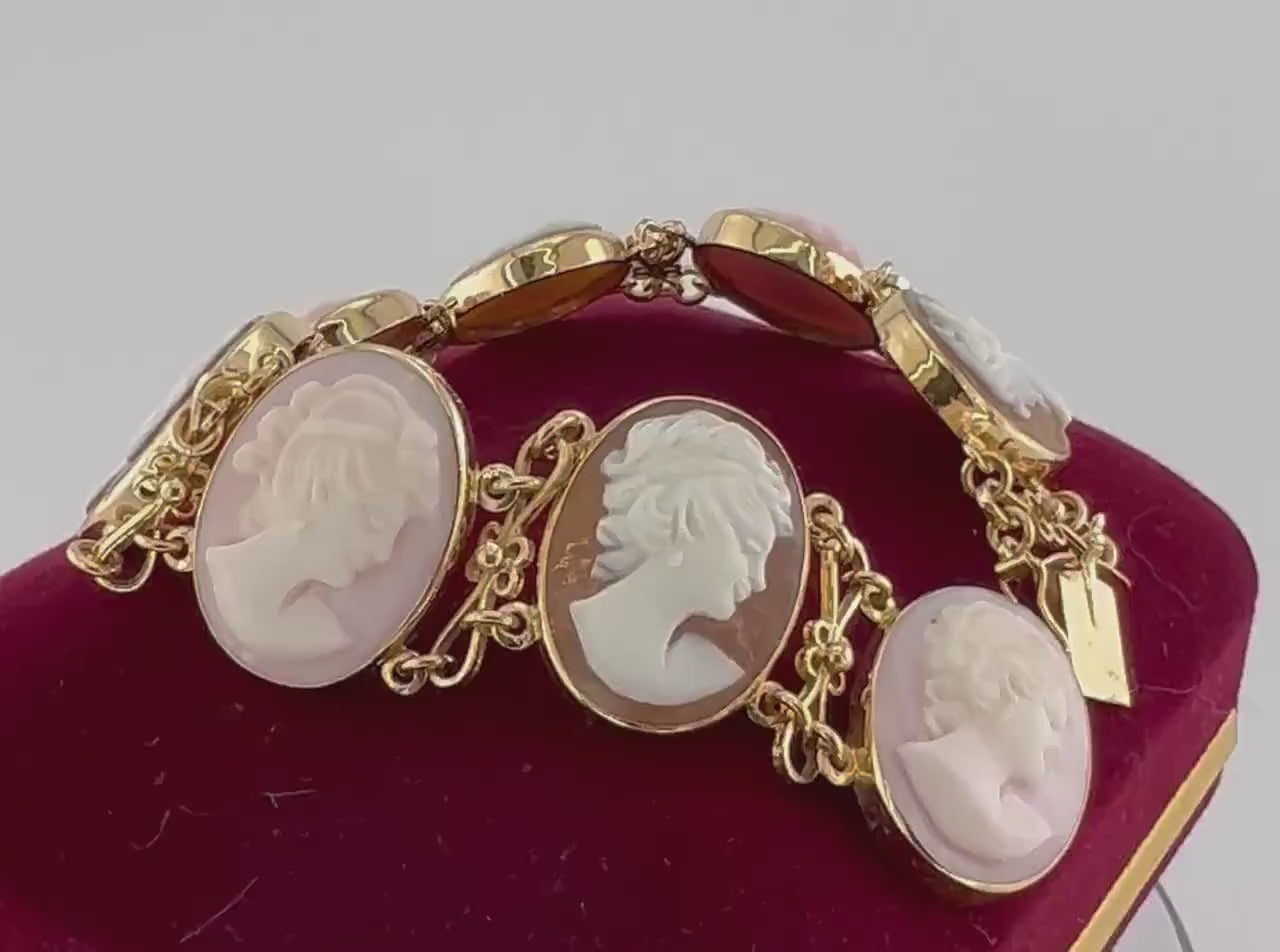 Vintage 14k Gold Pink and Brown Cameo Bracelet 7"