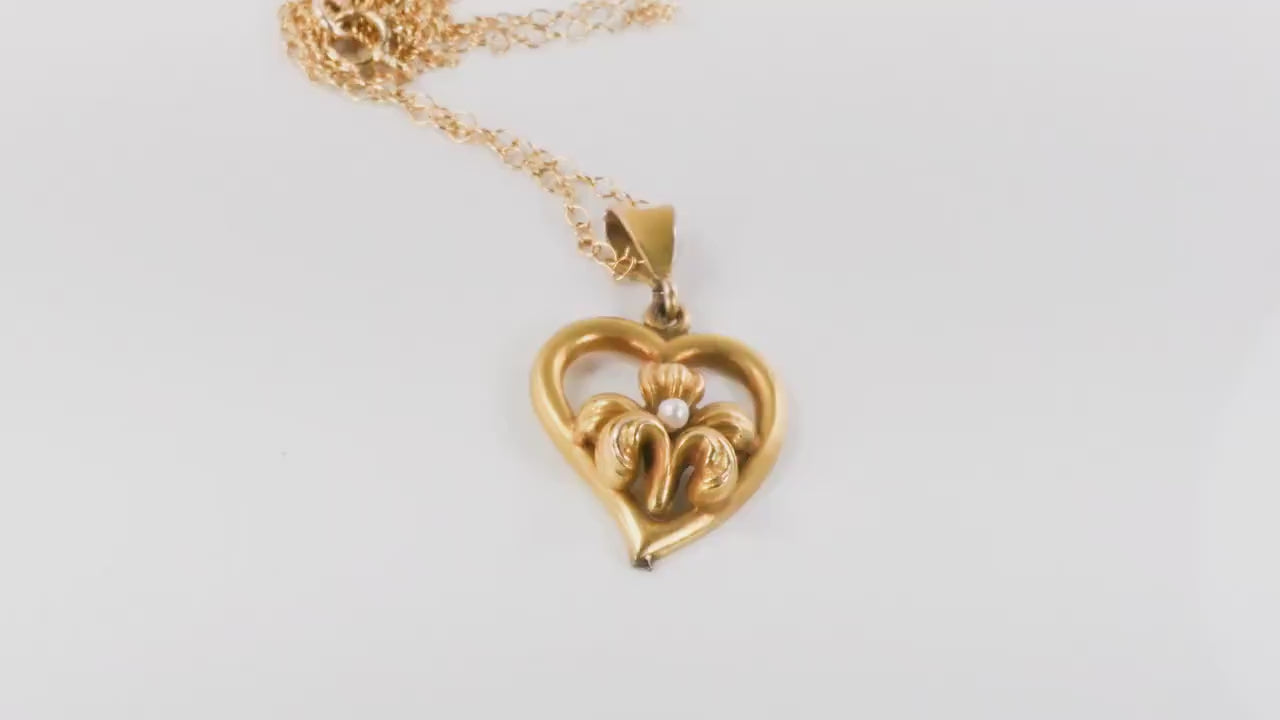 Vintage 14k Yellow Gold Floral Pearl Heart Pendant Necklace with Gold Filled Chain