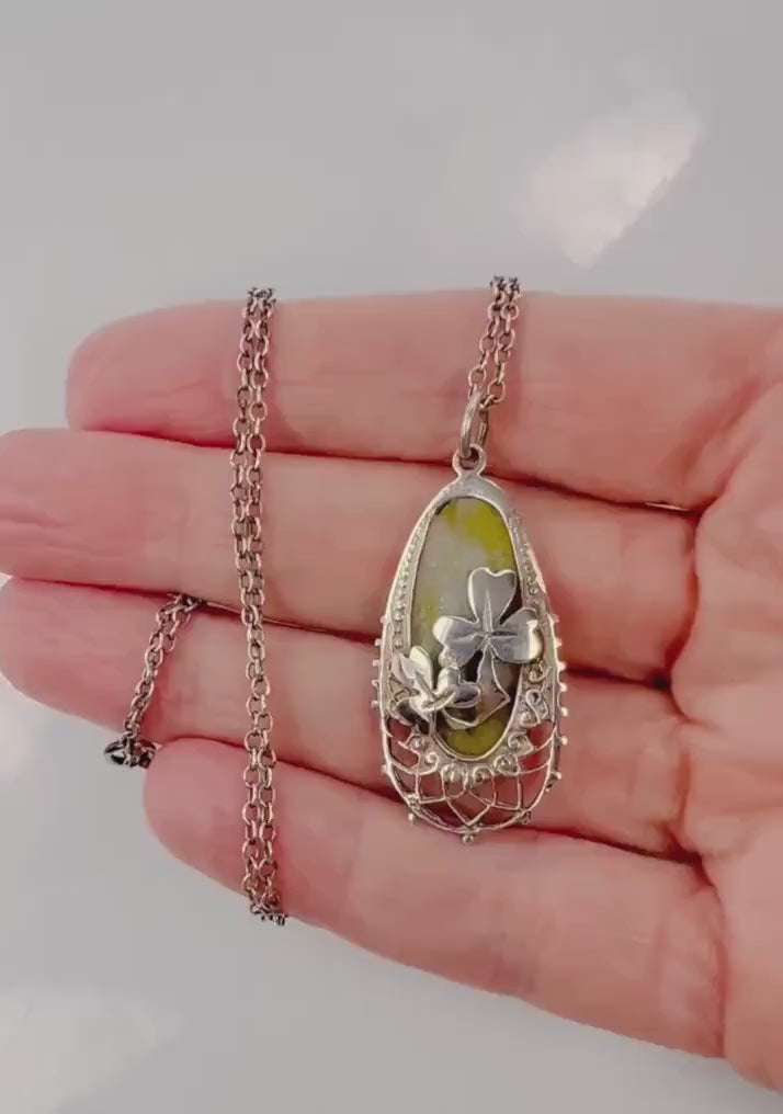 Vintage Sterling Silver Connemara Marble Shamrock Pendant Necklace, Irish Good Luck Necklace 18"