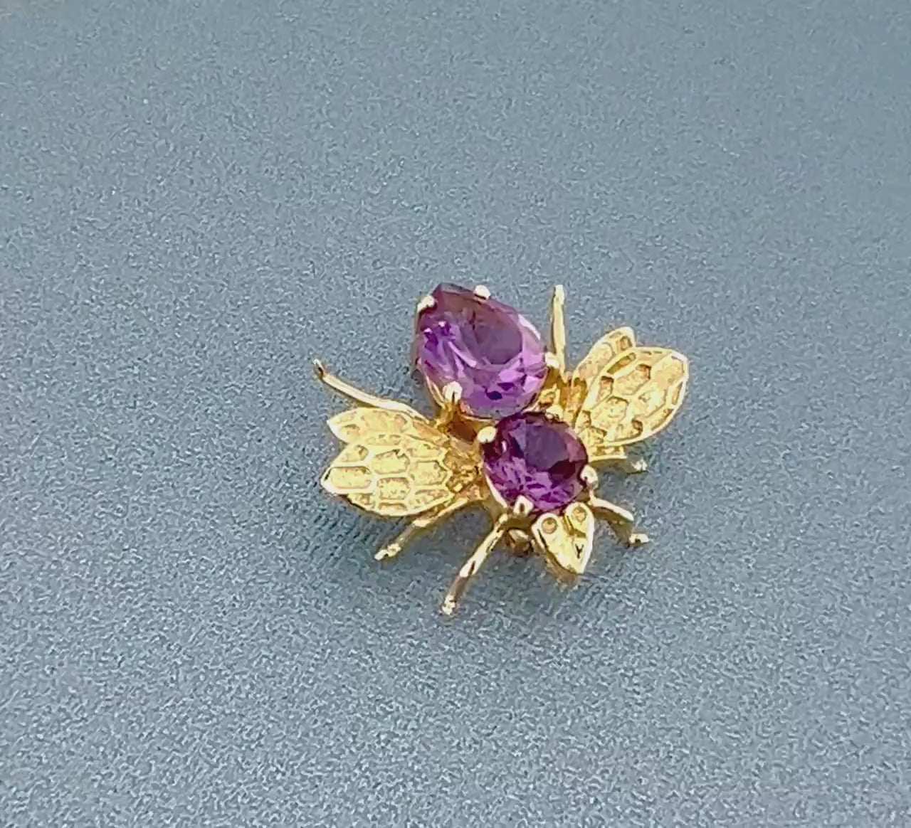 Vintage 14k Yellow Gold Natural Purple Amethyst Bee Pendant Pin February Birthstone
