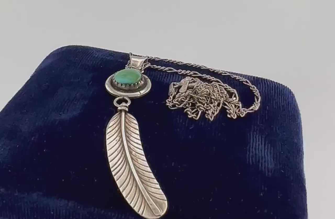 Vintage Gary Reeves Navajo Large Sterling Silver Turquoise Feather Pendant Necklace 16"