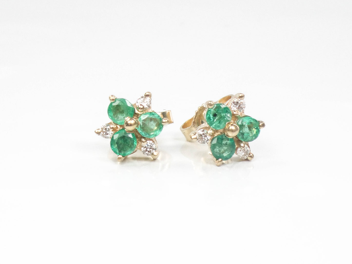 Vintage 14k Yellow Gold Natural Emerald and Diamond Stud Earrings, Floral Green May Birthstone Earrings