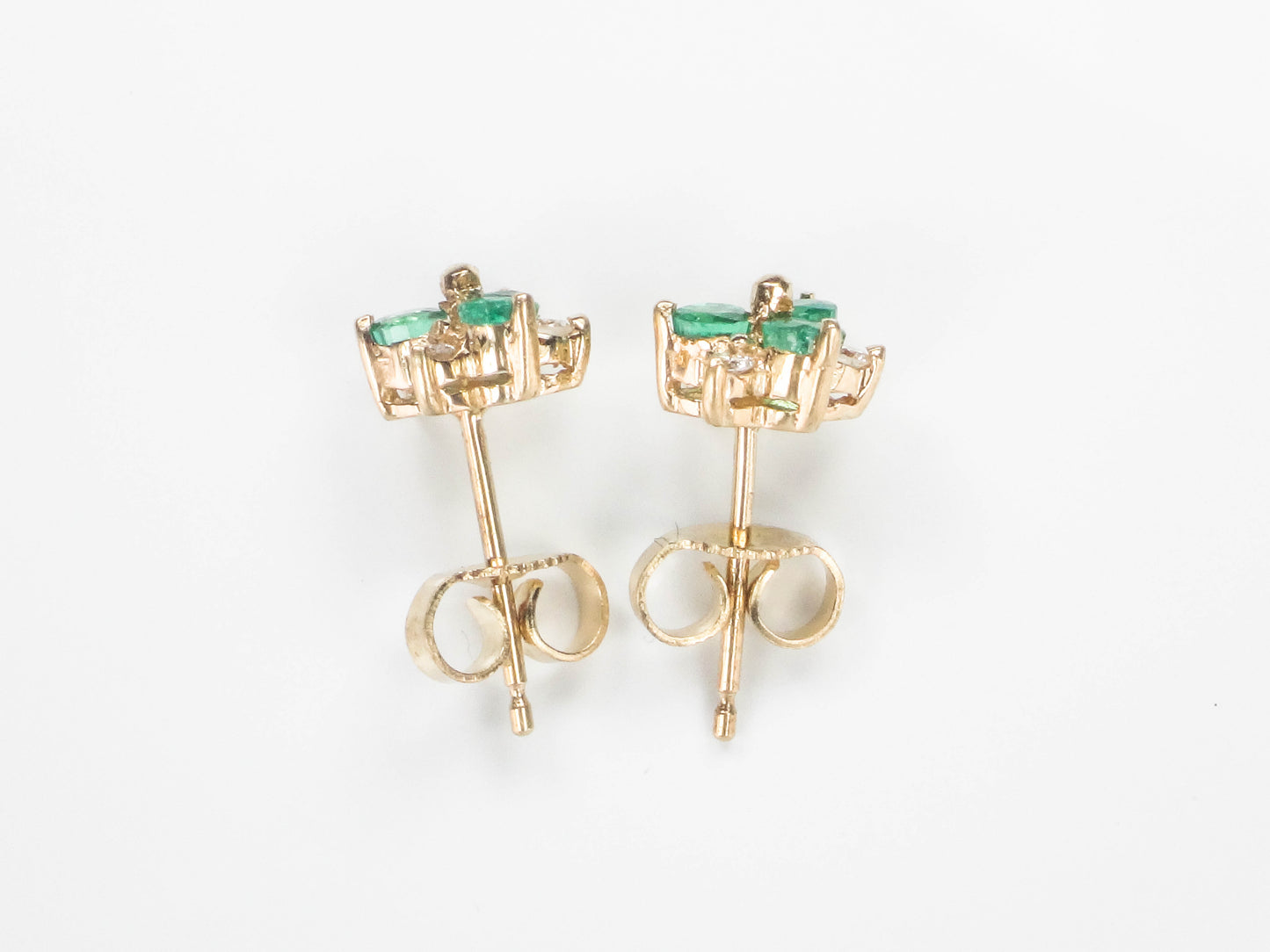 Vintage 14k Yellow Gold Natural Emerald and Diamond Stud Earrings, Floral Green May Birthstone Earrings