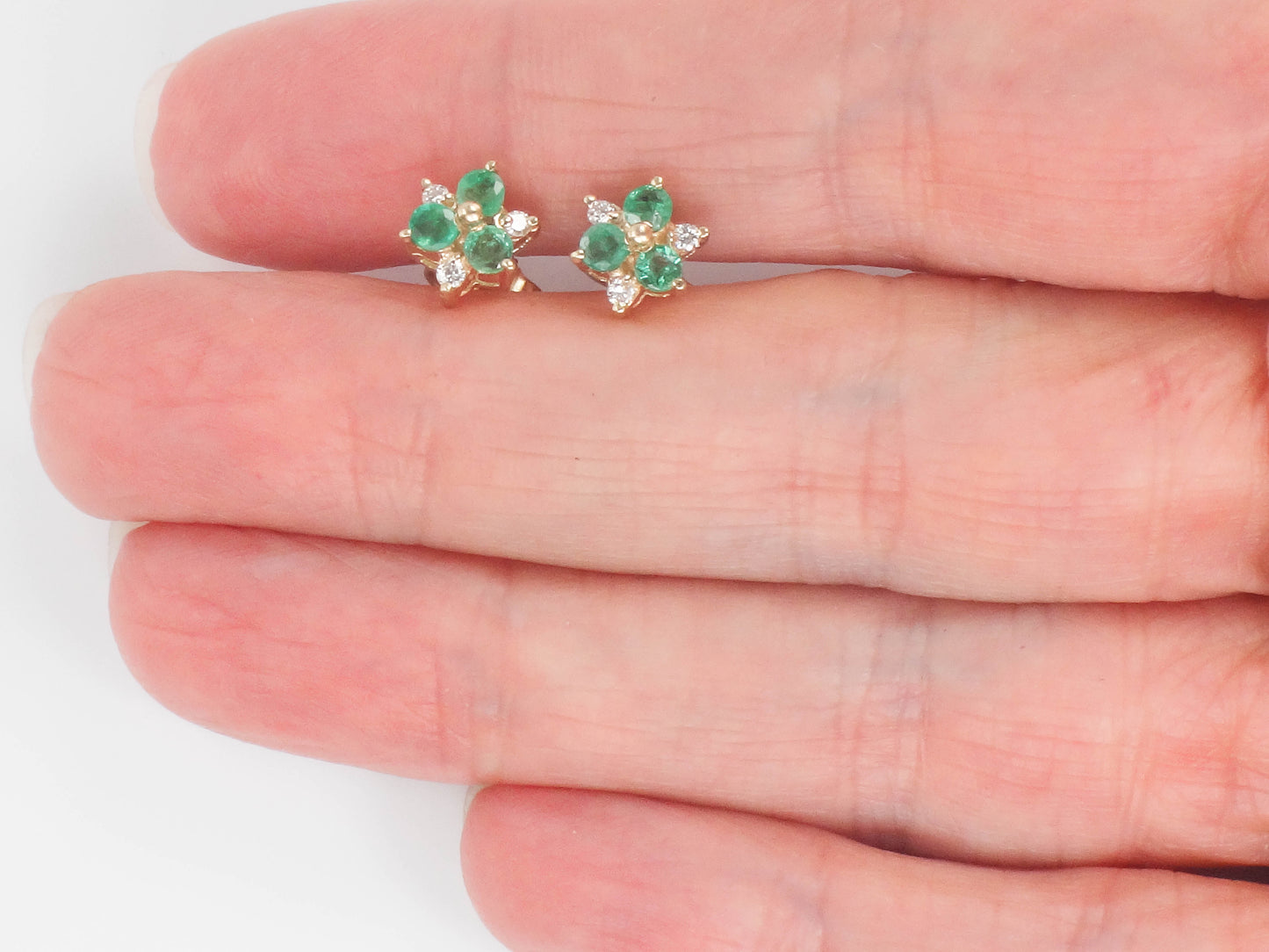 Vintage 14k Yellow Gold Natural Emerald and Diamond Stud Earrings, Floral Green May Birthstone Earrings