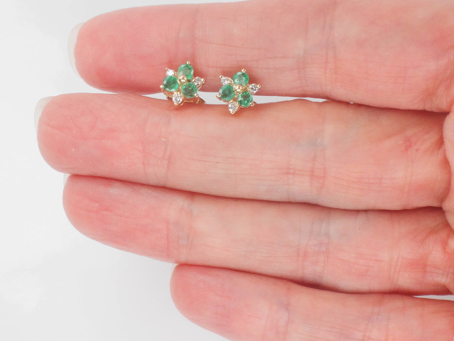 Vintage 14k Yellow Gold Natural Emerald and Diamond Stud Earrings, Floral Green May Birthstone Earrings