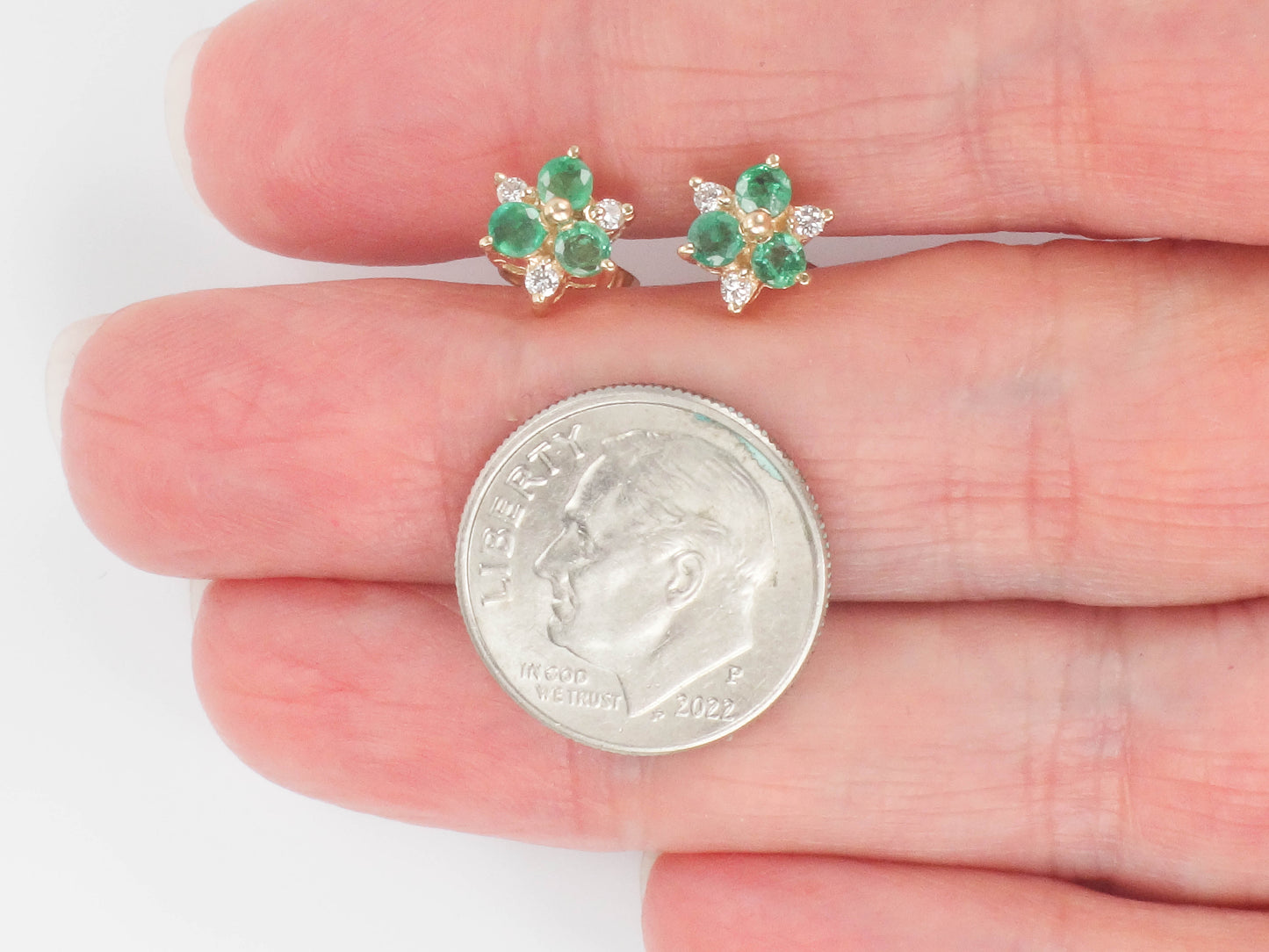 Vintage 14k Yellow Gold Natural Emerald and Diamond Stud Earrings, Floral Green May Birthstone Earrings