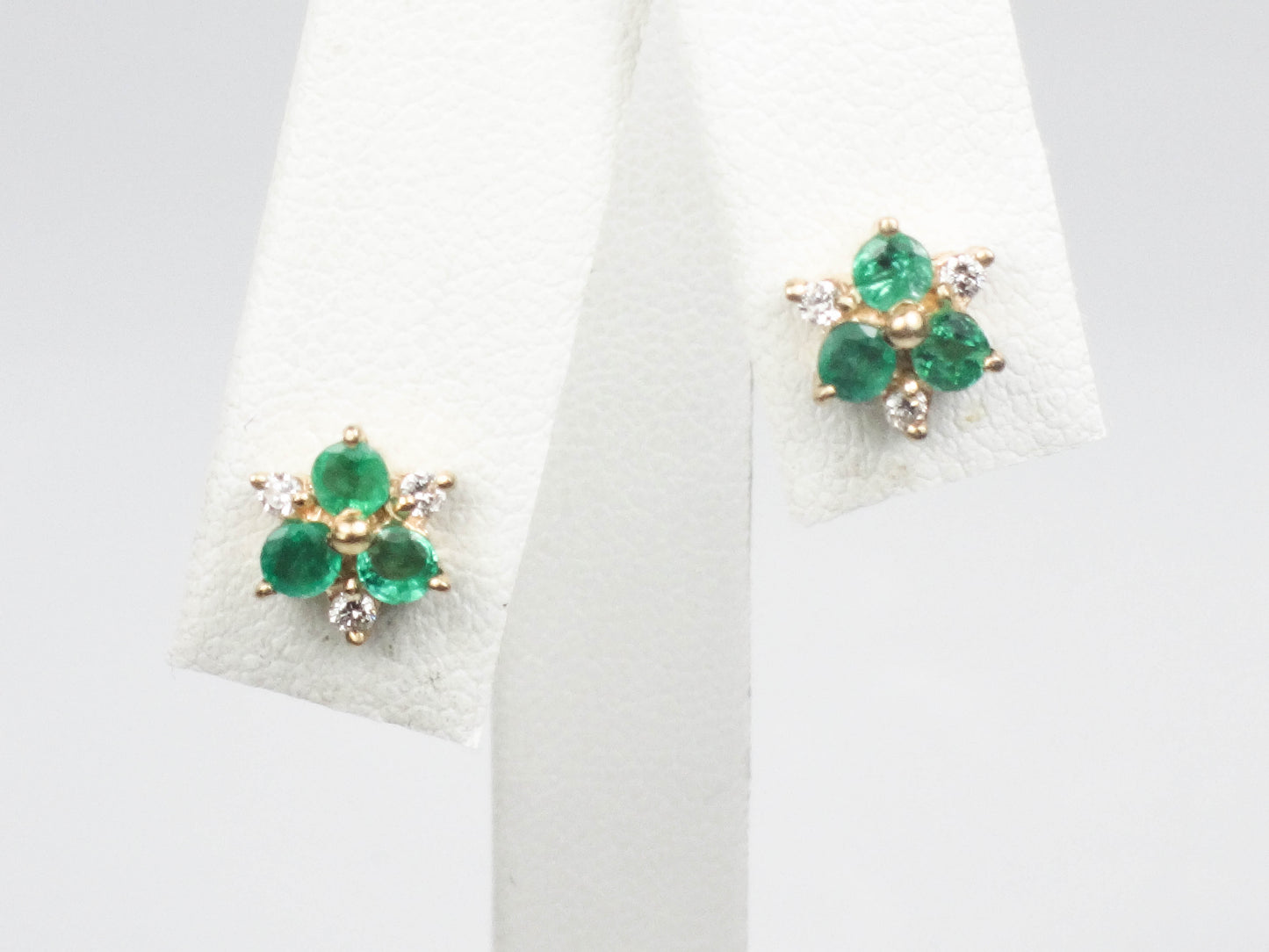 Vintage 14k Yellow Gold Natural Emerald and Diamond Stud Earrings, Floral Green May Birthstone Earrings