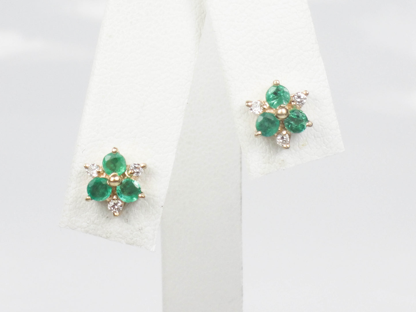 Vintage 14k Yellow Gold Natural Emerald and Diamond Stud Earrings, Floral Green May Birthstone Earrings