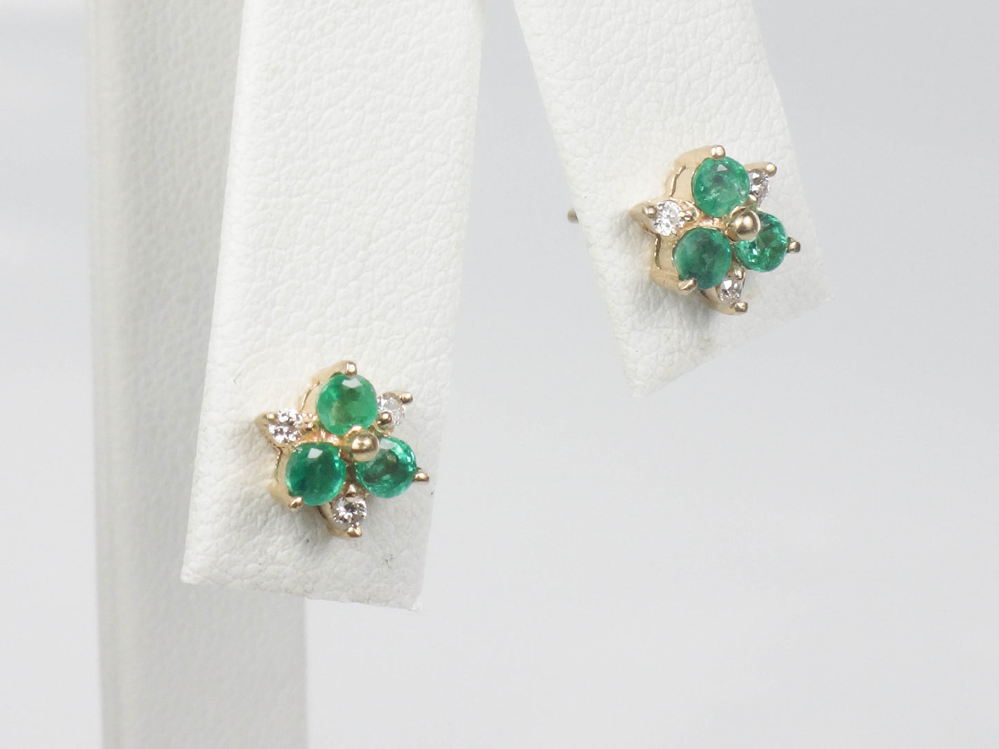 Vintage 14k Yellow Gold Natural Emerald and Diamond Stud Earrings, Floral Green May Birthstone Earrings