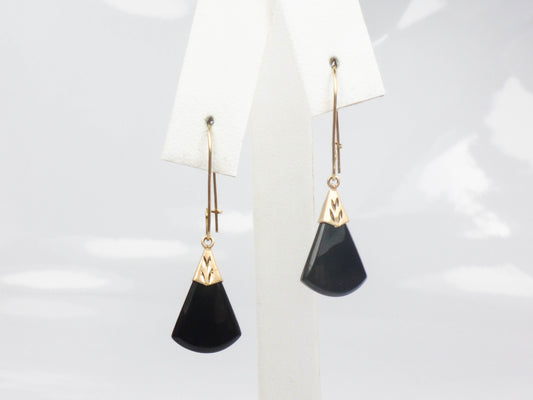 Vintage 14k Gold Black Onyx Dangle Earrings with Fan Shape