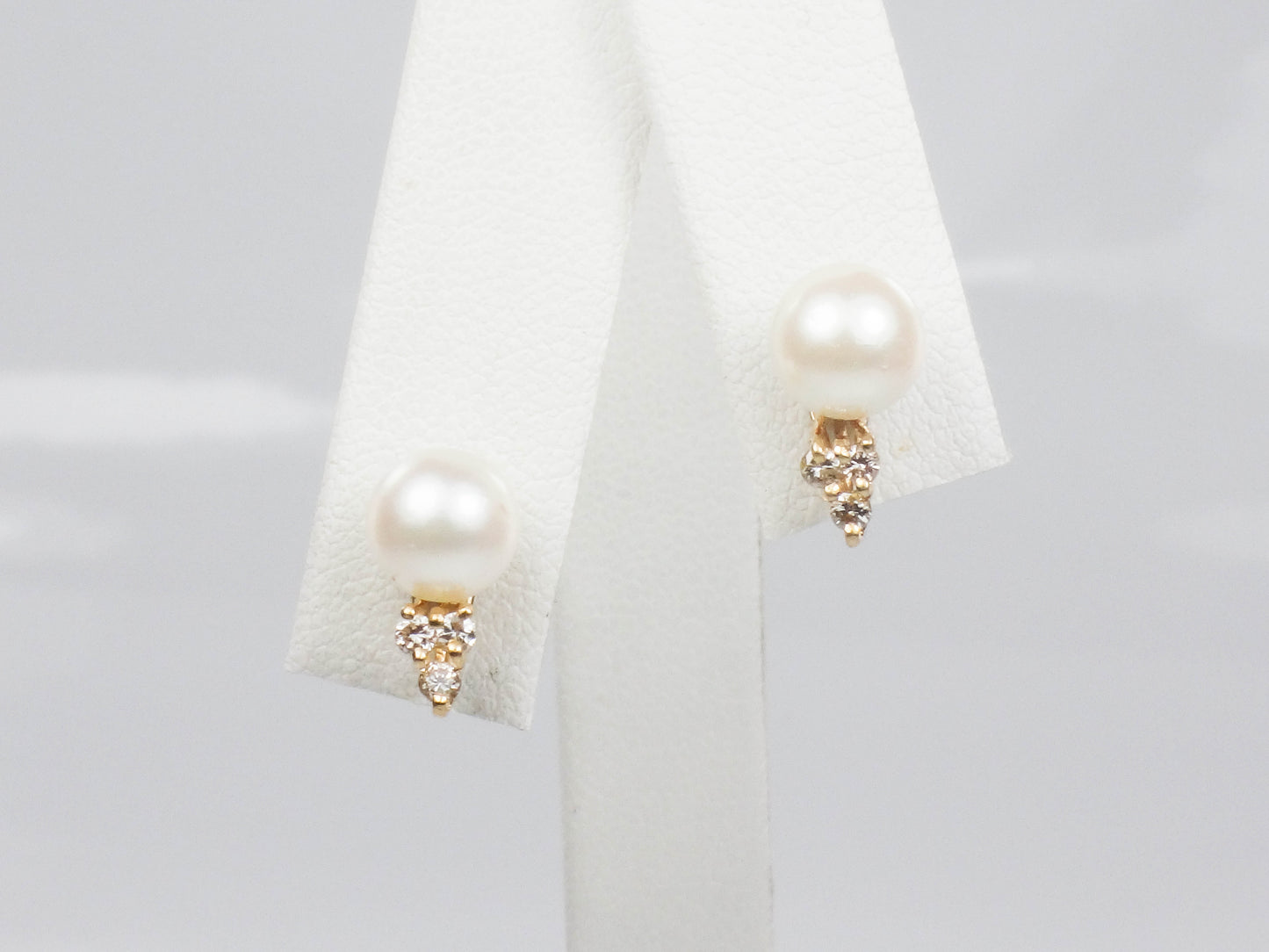 Vintage 14k Yellow Gold Cultured Pearl and Diamond Stud Earrings, June Birthstone Earrings