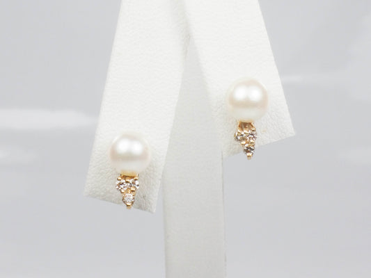 Vintage 14k Gold Cultured Pearl and Diamond Stud Earrings, June Birthstone Earrings