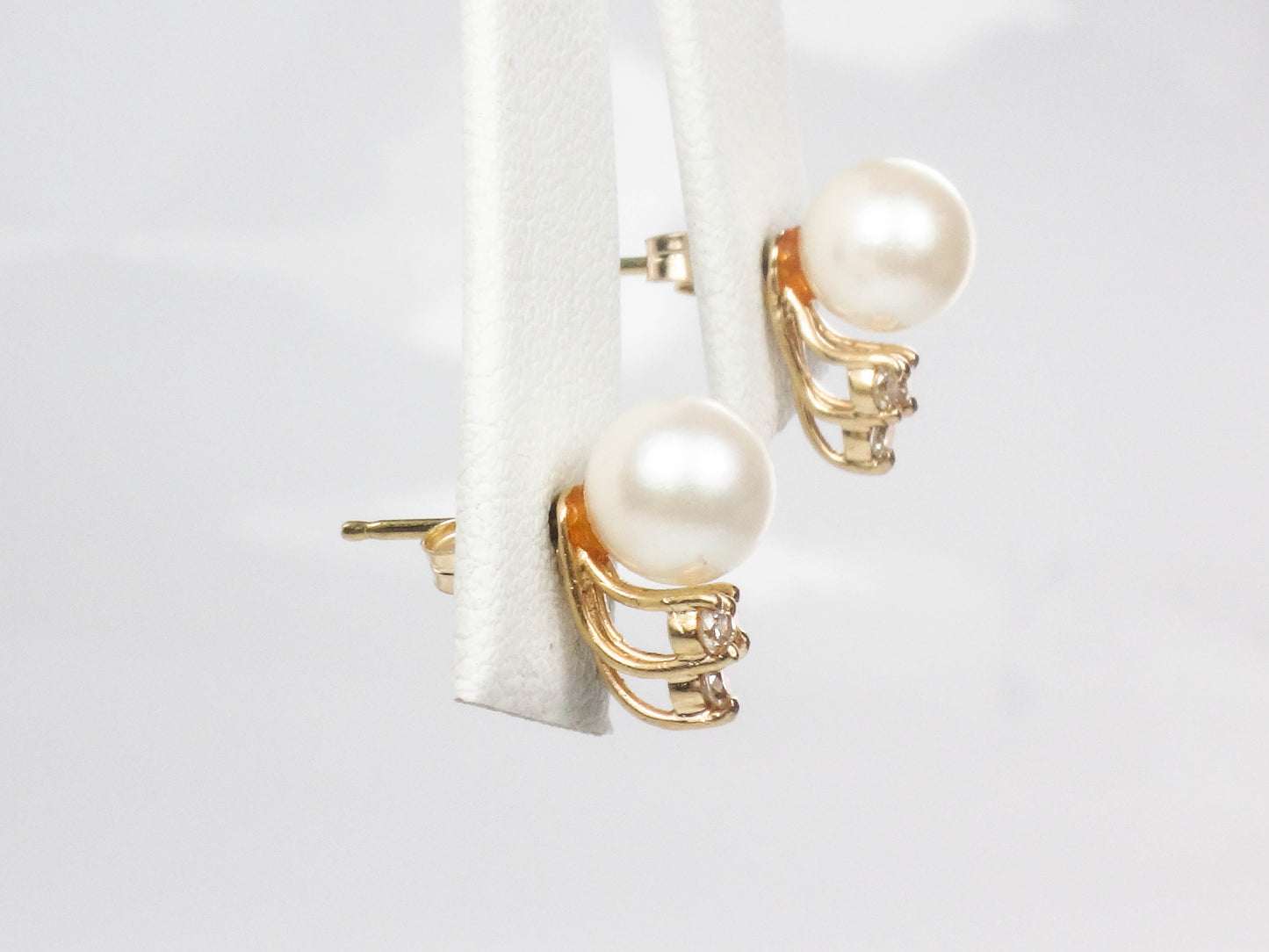 Vintage 14k Yellow Gold Cultured Pearl and Diamond Stud Earrings, June Birthstone Earrings