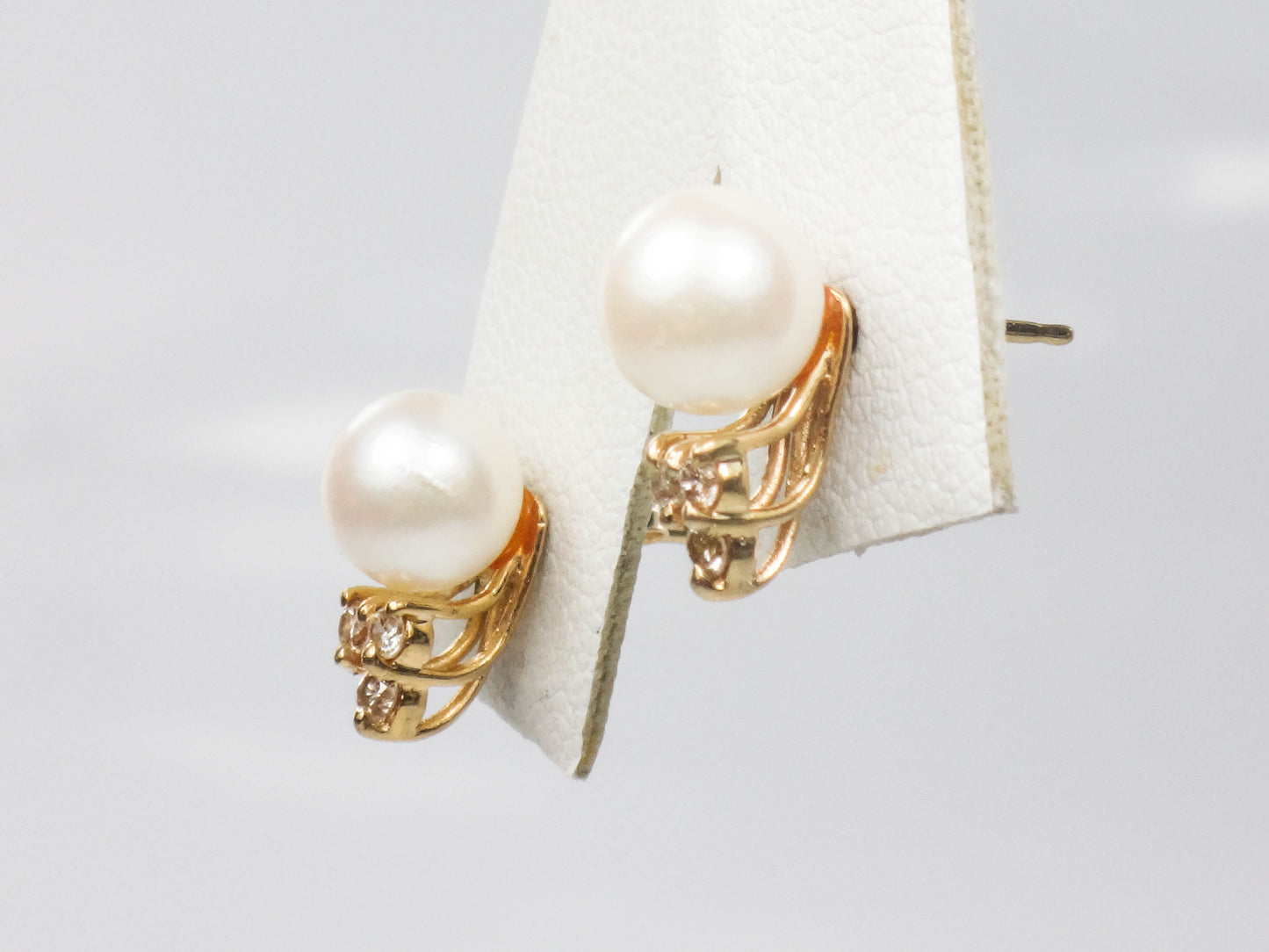 Vintage 14k Yellow Gold Cultured Pearl and Diamond Stud Earrings, June Birthstone Earrings