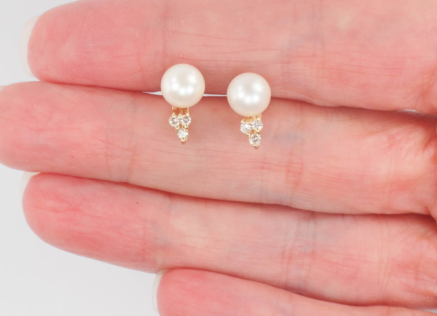 Vintage 14k Yellow Gold Cultured Pearl and Diamond Stud Earrings, June Birthstone Earrings