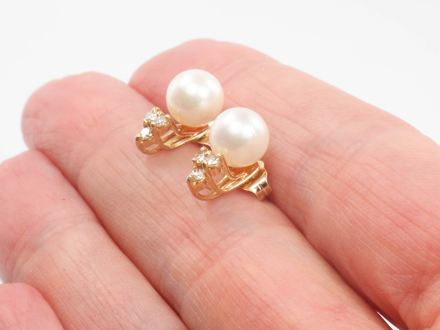 Vintage 14k Yellow Gold Cultured Pearl and Diamond Stud Earrings, June Birthstone Earrings