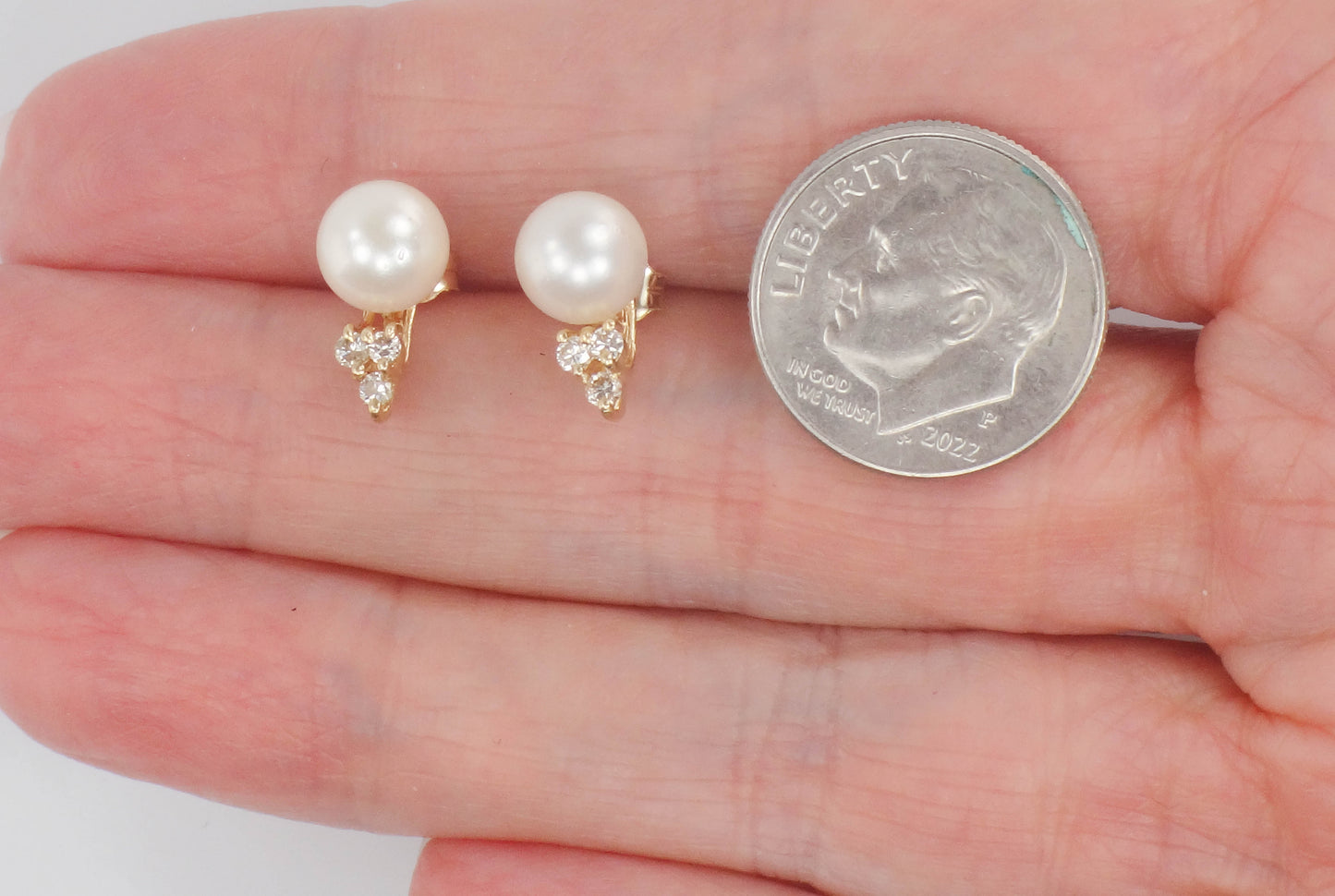 Vintage 14k Yellow Gold Cultured Pearl and Diamond Stud Earrings, June Birthstone Earrings