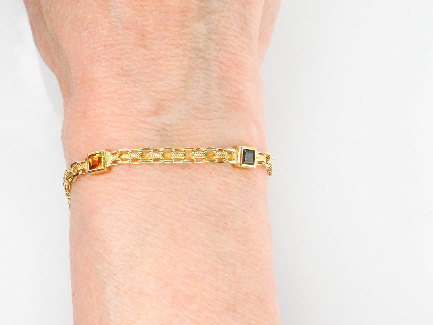 Estate 14k Yellow Gold Multi-Colored Gemstone Bismark Bracelet 8"