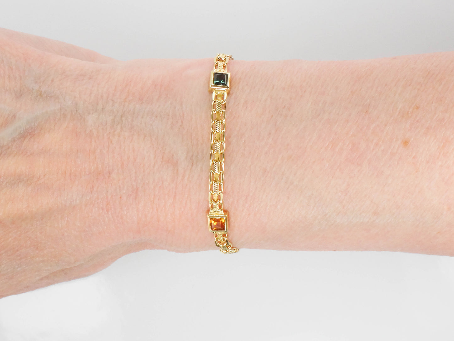 Estate 14k Yellow Gold Multi-Colored Gemstone Bismark Bracelet 8"