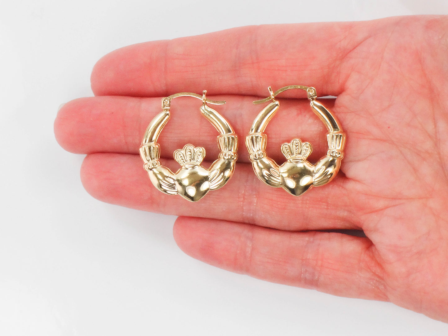 Vintage 14k Yellow Gold Claddagh Hoop Earrings, Irish Symbol Earrings