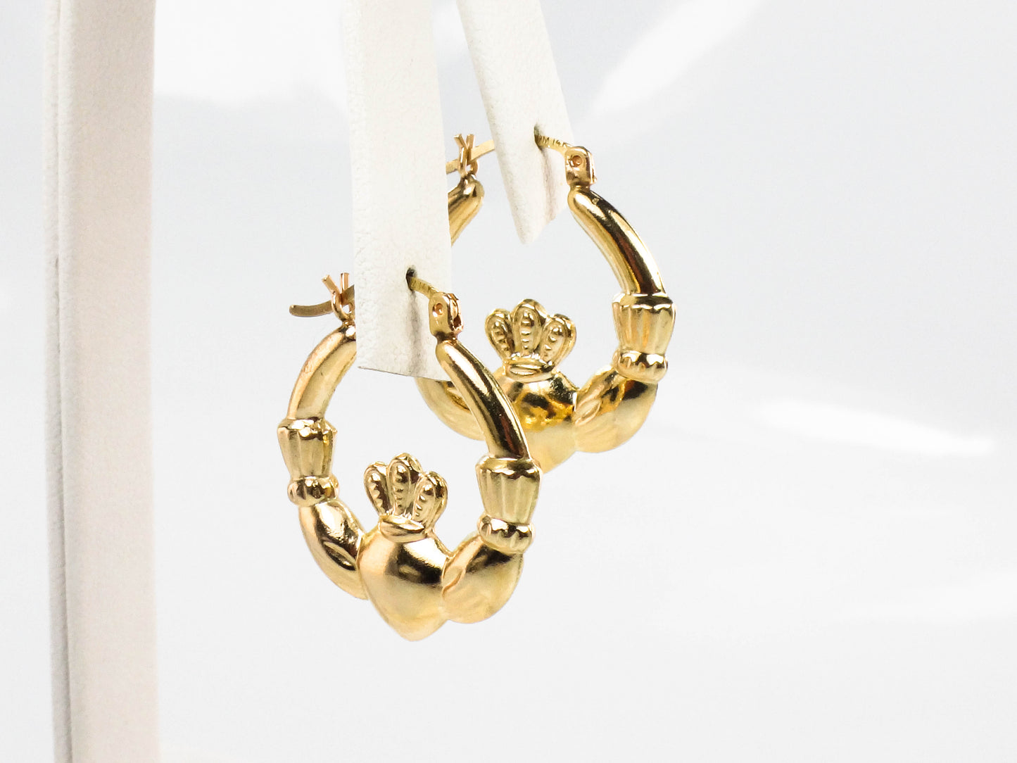 Vintage 14k Yellow Gold Claddagh Hoop Earrings, Irish Symbol Earrings