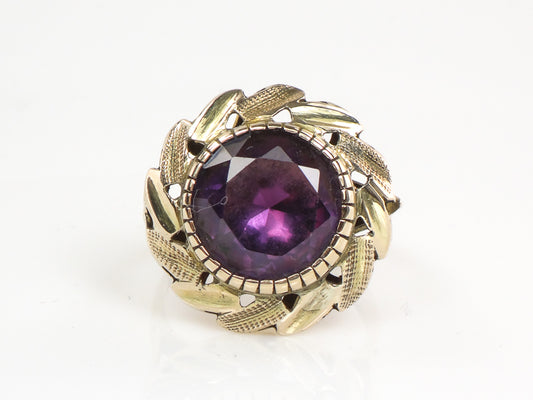 Vintage 14k Yellow Gold Round Purple Sapphire Ring with Floral Design